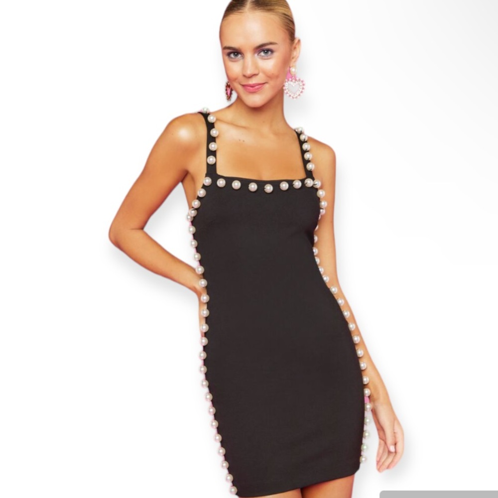 New Forever 21 Black Pearl Trim Black Bandage Style Bodycon Dress Size Small